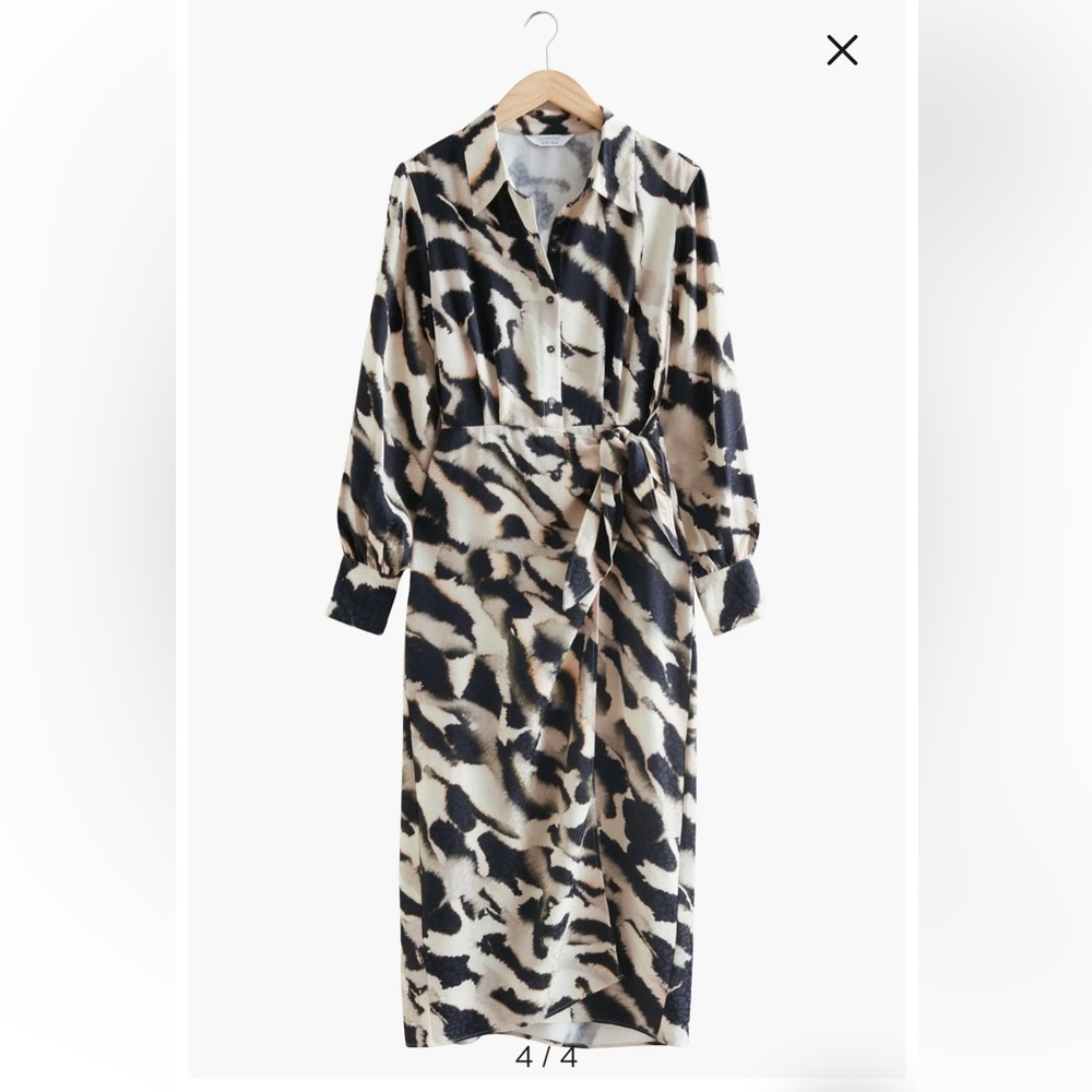 & Other Stories Black Cream Printed Shirt Long Sleeve Tie Midi Dress Size 6 - Picture 4 of 10